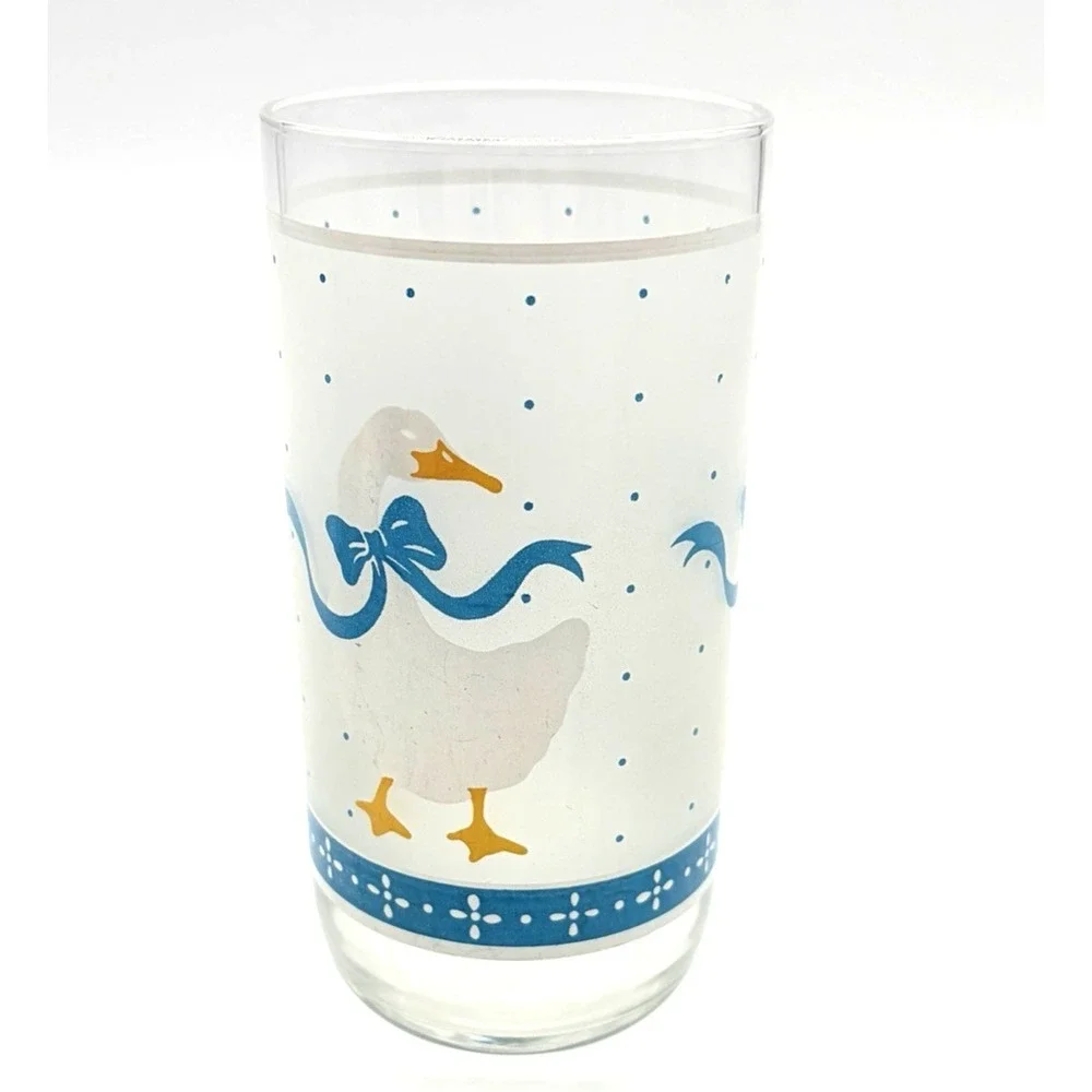 Libbey Frosted Drinking Glass Goose Duck Blue Ribbons Cottagecore Whimsy Vintage